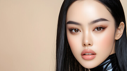 Naklejka premium Beauty portrait of a young woman in studio fashion photography soft lighting close-up glamour concept