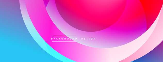 Abstract vibrant layers create flowing gradient. Blue transitions into pink, then red. Overlapping circles form dynamic visual effect. Modern design element.