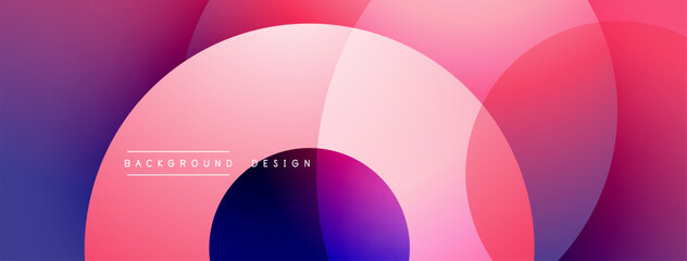 Abstract background features overlapping circles, gradients shifting from purple to pink. Modern design evokes fluidity, dynamism, visual harmony. Simple yet impactful composition.