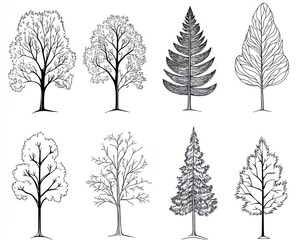 Obraz premium Eight hand-drawn tree silhouettes; design resource