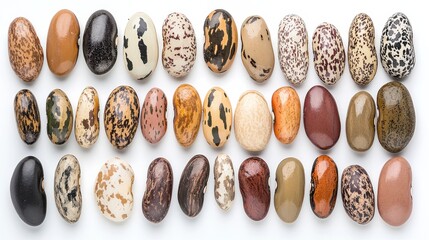 Fototapeta premium Assorted Colorful Beans Displayed on White Background for Food and Nutrition Concepts
