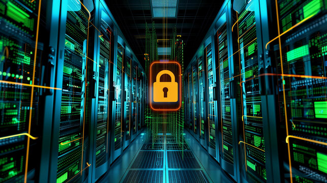 Modern data center corridor with glowing digital padlock symbolizing secure server infrastructure