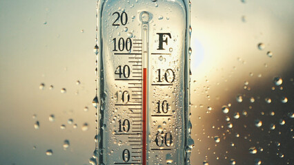 Thermometer Temperature Rising: A close-up of a thermometer shows a red liquid column indicating a temperature against a blurred, rain-speckled background, signifying the heat