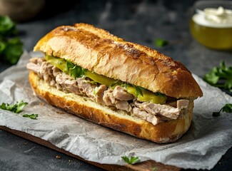 Tuna Sandwich on Rustic Bread with Parsley and Pickles on Paper