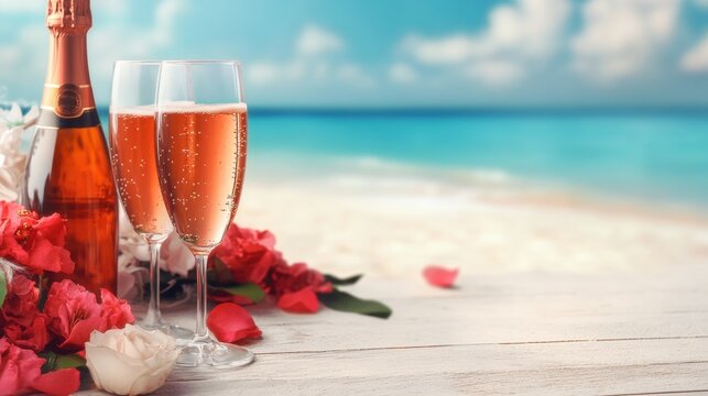 Two glasses filled with sparkling champagne sit beside a bottle and vibrant flowers, set against a tropical beach backdrop under clear skies