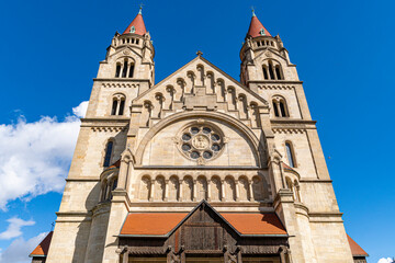 Fototapeta premium St. Francis of Assisi Church against clear blue sky. St. Francis of Assisi Church is a Basilica-style Catholic church in Vienna, Austria.