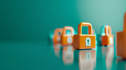 Fototapeta premium Orange padlocks lined up on glossy surface symbolizing unity and multi-level data security