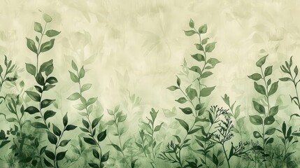 A soft watercolor illustration of green foliage and plants on a textured background.