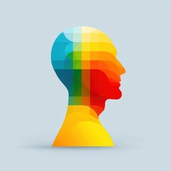 A colorful, abstract profile silhouette representing human thoughts and emotions through layered geometric shapes.