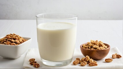 A Refreshing Glass of Milk Accompanied by Bowls of Nutty Granola, Offering a Simple and Delicious Breakfast or Snack Option.