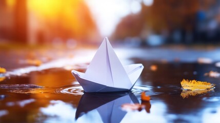 A delicate paper boat drifts on a rain puddle as autumn leaves cover the wet ground under the warm glow of sunset