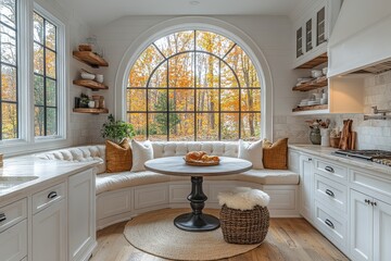  Kitchen nook with white cabinets, window seat, circular dining table, built-in seating, and light wood flooring, featuring an arched doorway and views of trees outside.