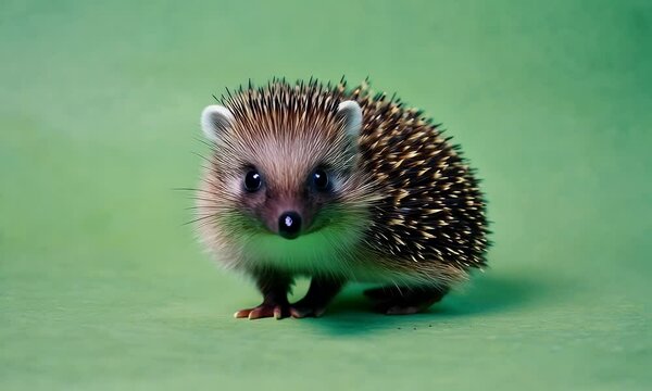 green screen video frame showing cute hedgehog moving slowly and sniffing gently along flat surface on vivid green backdrop