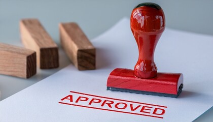 A red stamp marked "APPROVED" rests on a piece of paper, surrounded by wooden blocks, symbolizing validation and acknowledgment.