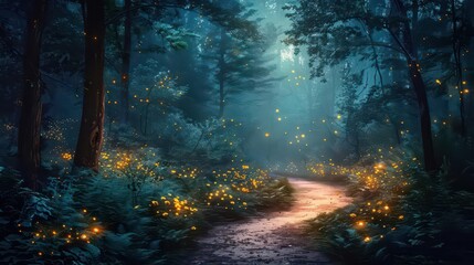Obraz premium A serene forest path illuminated by glowing fireflies amidst lush greenery.