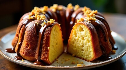 A Delicious Chocolate-Glazed Bundt Cake with Toasted Nuts, a Perfect Sweet Treat for Any Occasion