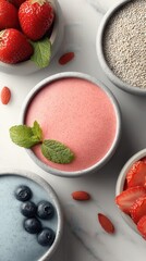 A vibrant display of colorful smoothie bowls topped with fresh fruits and seeds, highlighting healthy and delicious choices.