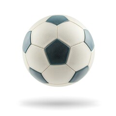 Obraz premium The soccer ball floats on a white surface, casting a shadow. White with blue panels