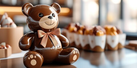 A 3D chocolate teddy bear with a ribbon, adorable and detailed