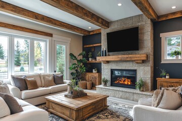 Modern living room with white walls, dark blue accent wall, ceiling beams, and contemporary fireplace, in an open space design of a new home construction.