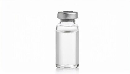 A clear glass vial containing a colorless liquid, typically used for storing medications or laboratory samples.
