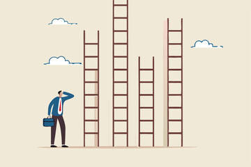 Choosing success ladder, difference career path, opportunity or various choices, challenge to choose best option, climb up ladder of success concept, businessman thinking to choose the right ladder.