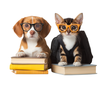 Back-to-School Pets - Funny and charming dog and cat with school supplies, including textbooks and accessories on a transparent background. Perfect for school-themed content or student-related graphic
