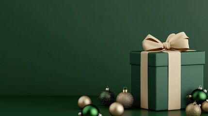 Elegant green gift box with festive ornaments