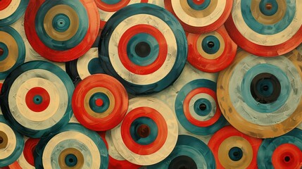 Abstract arrangement of colorful circular patterns resembling targets.