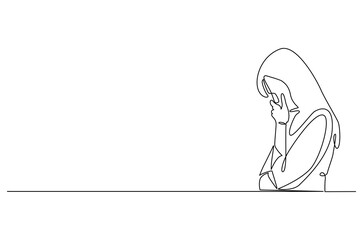Continuous one line drawing of young sad woman. Single line drawing illustration of woman crying. International Day for the Elimination of Violence against Women. Doodle line illustration.