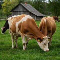 Fototapeta premium Cows grazing in a green meadow on a sunny summer day