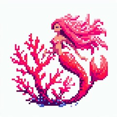 Pixel Art Mermaid Coral Reef Suitable for Creative Presentation