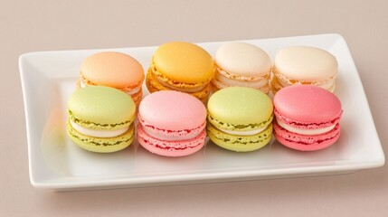 Fototapeta premium A plate of pastel-colored macarons, soft lighting, elegant dessert presentation