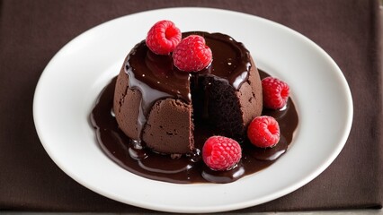 Decadent Chocolate Lava Cake Topped with Fresh Raspberries, a Sweet and Tempting Dessert Served on a White Plate.