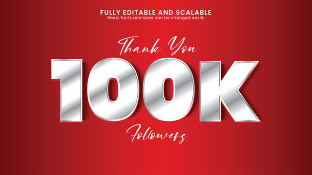 Editable 3D Metallic 100K Followers Thank You Text Effect for Social Media Banner