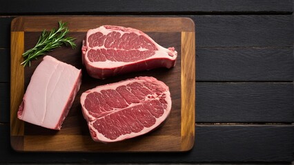 Raw Cuts of Meat and Fresh Rosemary on a Wooden Board Set Against a Dark Wooden Table.