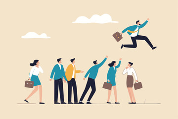 Career competition, job promotion or selfish colleagues jump over other people to get to goal, take advantage of coworker to success, selfish businessman jump over other people to achieve target.