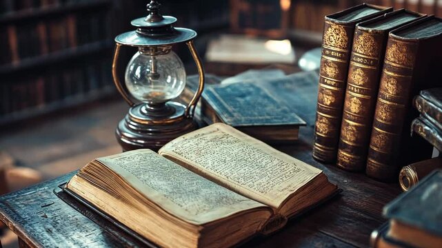Open antique book on wooden desk in library