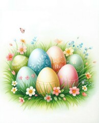 Fototapeta premium Easter postcard with minimalistic watercolor image. Painted eggs in various shades surrounded by green grass, colorful flowers. Soft white gradient background creates serene festive atmosphere