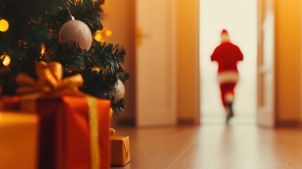A cheerful Santa departs from a cozy room, leaving wrapped gifts under a beautifully decorated Christmas tree