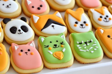 Obraz premium Cute animal-shaped sugar cookies with colorful icing, panda, fox, and cat designs