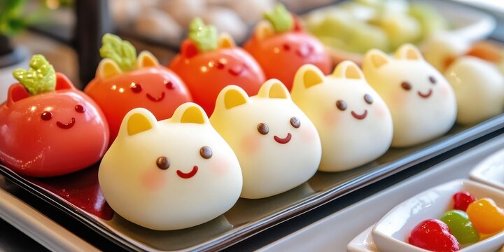 Cute animal-shaped luk chup, glossy marzipan-like texture, playful presentation