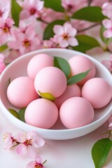 Dango placed on sakura leaves, soft pink aesthetic, delicate Japanese vibes