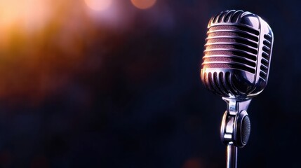 Vintage-style microphone stands elegantly, bathed in warm light, evoking anticipation for an upcoming live performance or speech