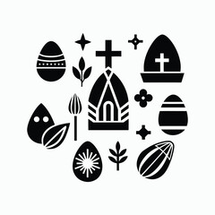 Easter Icons – Black and White Minimalist Religious Symbols, Modern Vector Graphic Design. set of  Easter bunny with Easter eggs