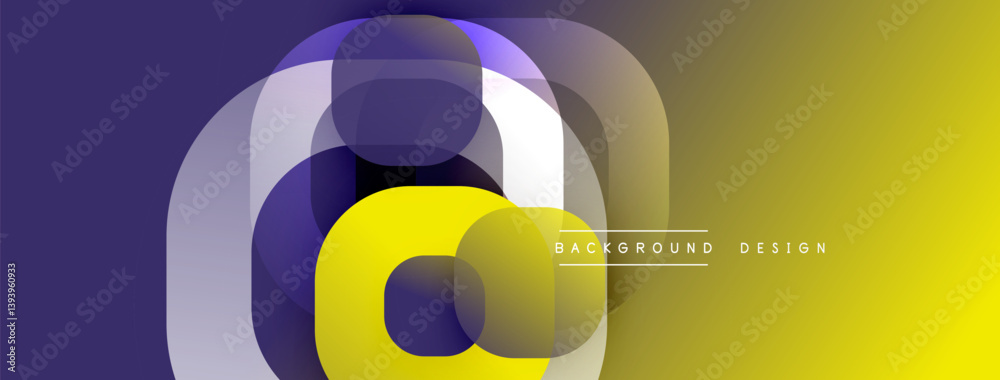 Poster Abstract geometric composition. Overlapping circles create dynamic visual effect. Gradient transitions from purple to yellow provide depth, modern aesthetic. Minimalist design.