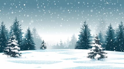 A serene winter landscape with falling snow and evergreen trees.
