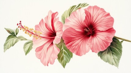 Pink hibiscus flowers, botanical illustration, white background, floral design, greeting card