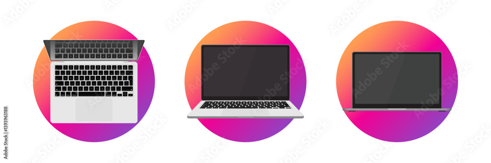 Poster realistic laptop and notebook computer mockup – 3d vector set of blank screens in front, top, and pe