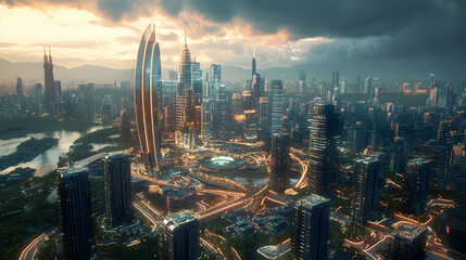 Naklejka premium Night view of city, Panoramic view with city skyline. Night scene.